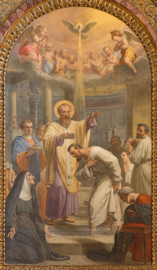 Roma - o batismo do fresco de St Ambrose do anúncio de St Augustine em Basílica di Sant Agostino (Augustine) por Giovanni Battist fotos de stock Roma - o batismo do fresco de St Ambrose do anúncio de St Augustine em Basílica di Sant Agostino (Augustine) por Giovanni Battist fotos de stock