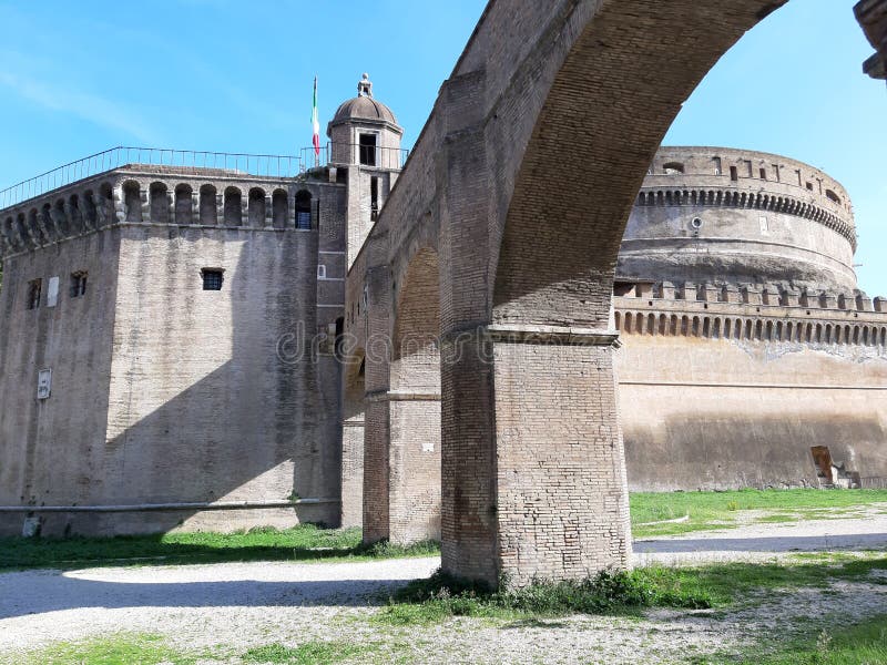 Rome, Lazio, Italy - October 23, 2019: Section of the Passetto di Borgo, the secret pedestrian path built in the 13th century within the Vatican walls, which connects the Vatican with Castel Sant`Angelo. Rome, Lazio, Italy - October 23, 2019: Section of the Passetto di Borgo, the secret pedestrian path built in the 13th century within the Vatican walls, which connects the Vatican with Castel Sant`Angelo