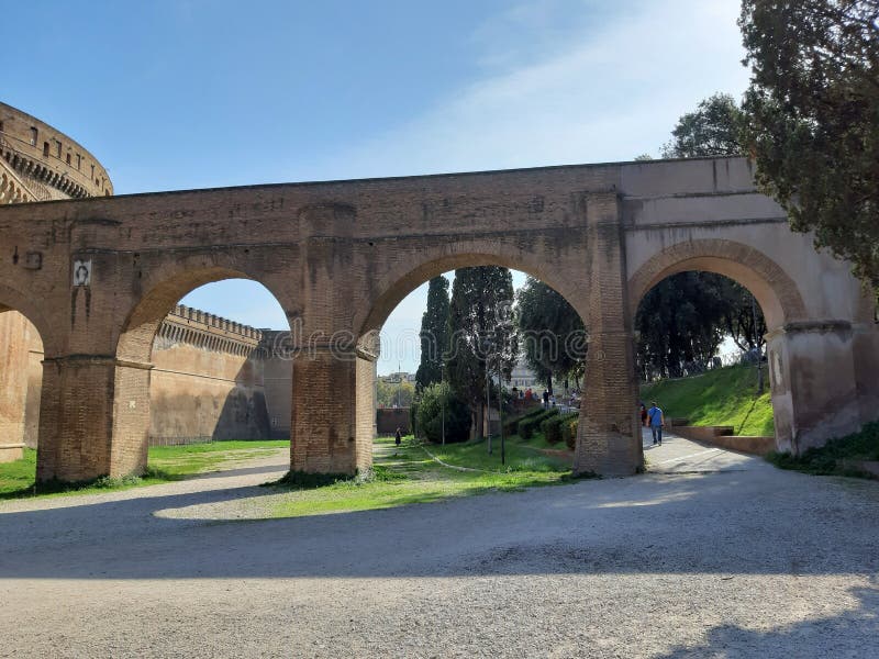 Rome, Lazio, Italy - October 23, 2019: Section of the Passetto di Borgo, the secret pedestrian path built in the 13th century within the Vatican walls, which connects the Vatican with Castel Sant`Angelo. Rome, Lazio, Italy - October 23, 2019: Section of the Passetto di Borgo, the secret pedestrian path built in the 13th century within the Vatican walls, which connects the Vatican with Castel Sant`Angelo