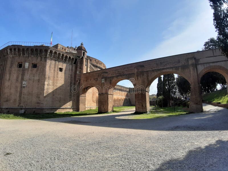 Rome, Lazio, Italy - October 23, 2019: Section of the Passetto di Borgo, the secret pedestrian path built in the 13th century within the Vatican walls, which connects the Vatican with Castel Sant`Angelo. Rome, Lazio, Italy - October 23, 2019: Section of the Passetto di Borgo, the secret pedestrian path built in the 13th century within the Vatican walls, which connects the Vatican with Castel Sant`Angelo