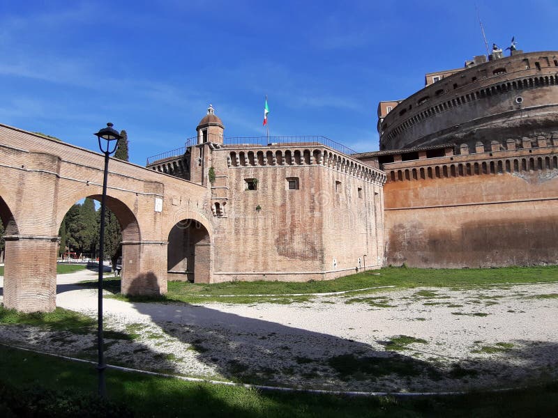 Rome, Lazio, Italy - October 23, 2019: Section of the Passetto di Borgo, the secret pedestrian path built in the 13th century within the Vatican walls, which connects the Vatican with Castel Sant`Angelo. Rome, Lazio, Italy - October 23, 2019: Section of the Passetto di Borgo, the secret pedestrian path built in the 13th century within the Vatican walls, which connects the Vatican with Castel Sant`Angelo