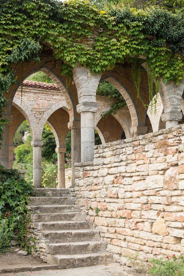 Roman bath in the yard of Balchik palace, Varna Province, Bulgaria. Pillar column garden stock images, royalty-free photos and pictures