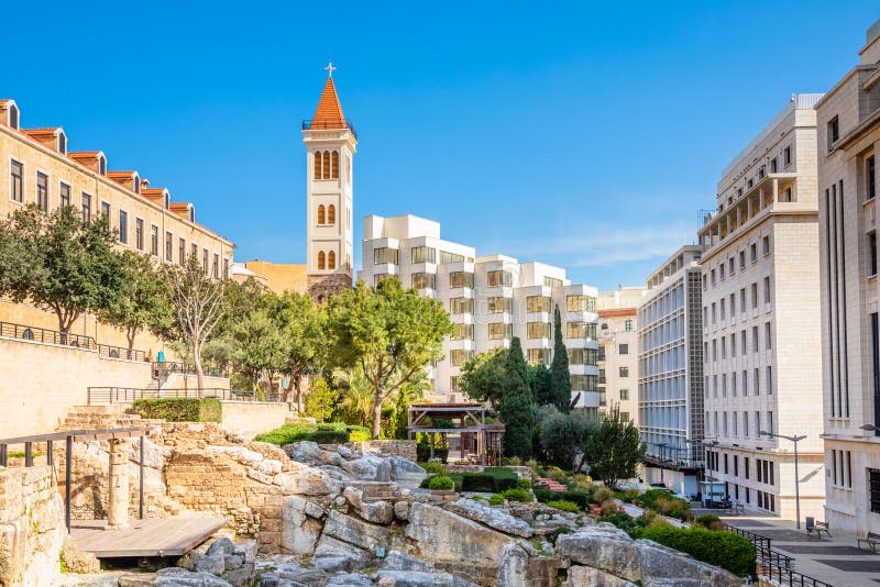 Roman baths ancient ruins site, modern buidings and Saint Louis Cathedral of the Capuchin Fathers Latin Catholic church in the. Downtown of Beirut, Lebanon royalty free stock photo Roman baths ancient ruins site, modern buidings and Saint Louis Cathedral of the Capuchin Fathers Latin Catholic church in the. Downtown of Beirut, Lebanon royalty free stock photo