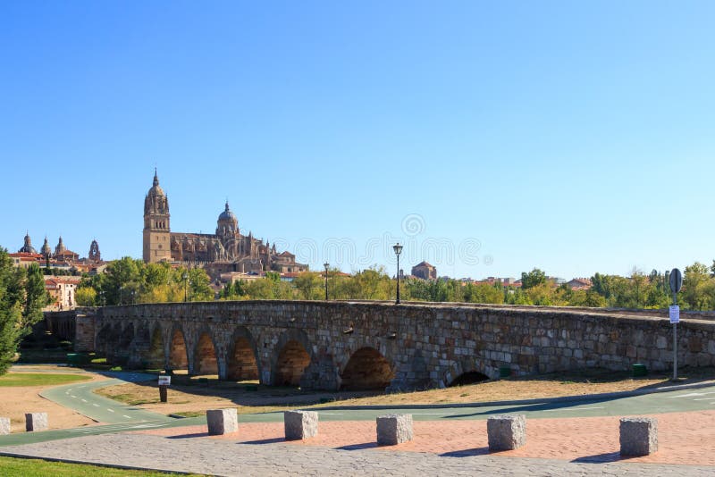 Roman bridge and New Cathedral of Salamanca, Spain