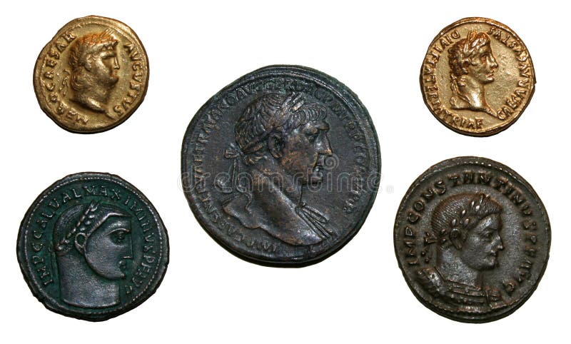 Mince z Rímskej ríše predstavovať Nero (vpravo hore), Augustus (vľavo hore), Maximinus II (dole vľavo), univerzita Konštantína I (vpravo dole), a Trajan (stredná)
