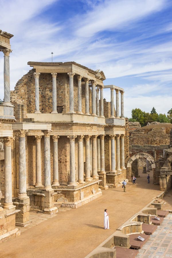 Roman prefect in a white robe speaking in the theater of Merida royalty free stock image