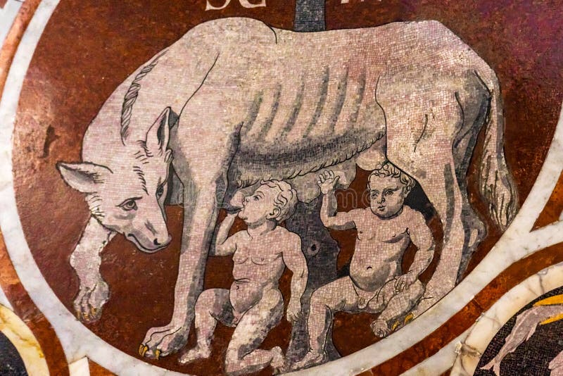 Roman romulus remus fondators roma marble mosaic floor cathedral church siena italia. stock photos