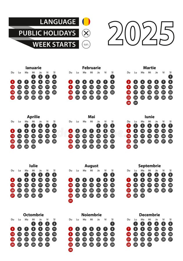 Romanian Calendar 2025 with Numbers in Circles, Week Starts on Sunday