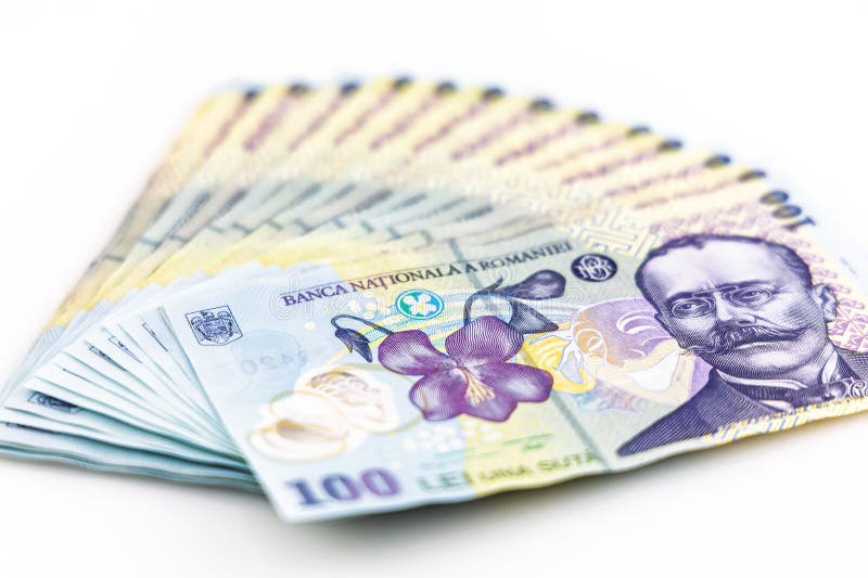 Romanian currency. Banknotes of 100 lei, currency code, RON, on a white background stock images
