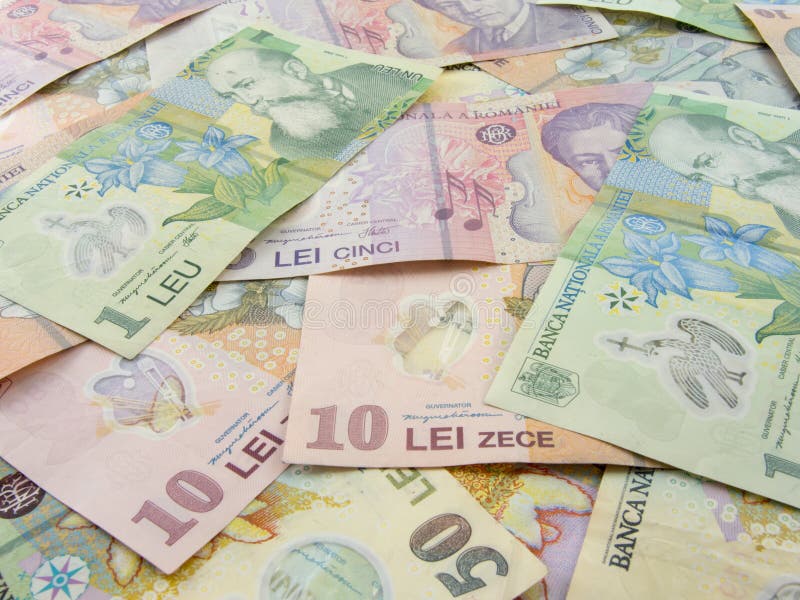 Various romanian currency lei banknotes spread all over