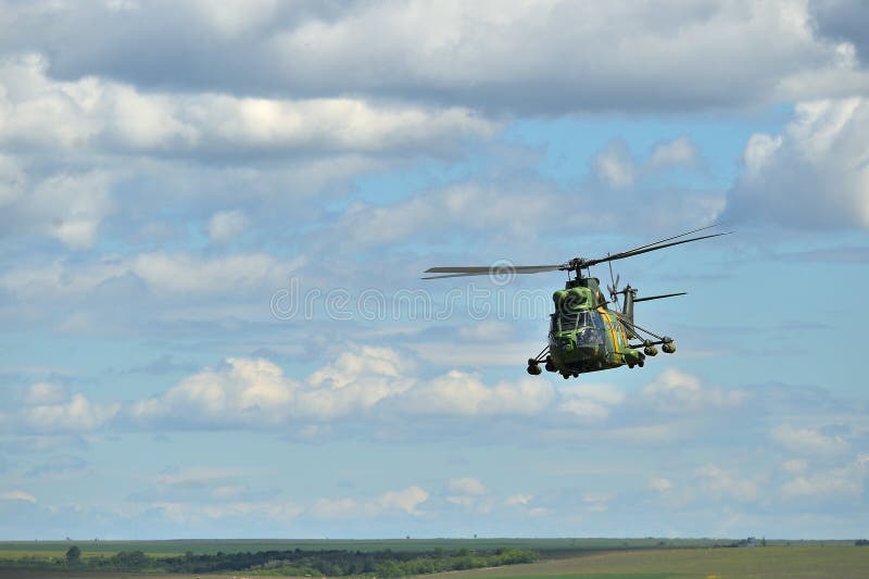 Romanian helicopter IAR 330 Puma in military polygon stock photos Romanian helicopter IAR 330 Puma in military polygon stock photos