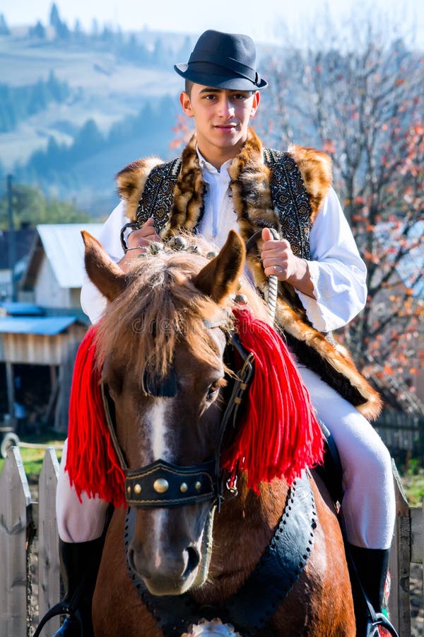 Romanian traditional costume in Bucovina county on celebration time stock images Romanian traditional costume in Bucovina county on celebration time stock images