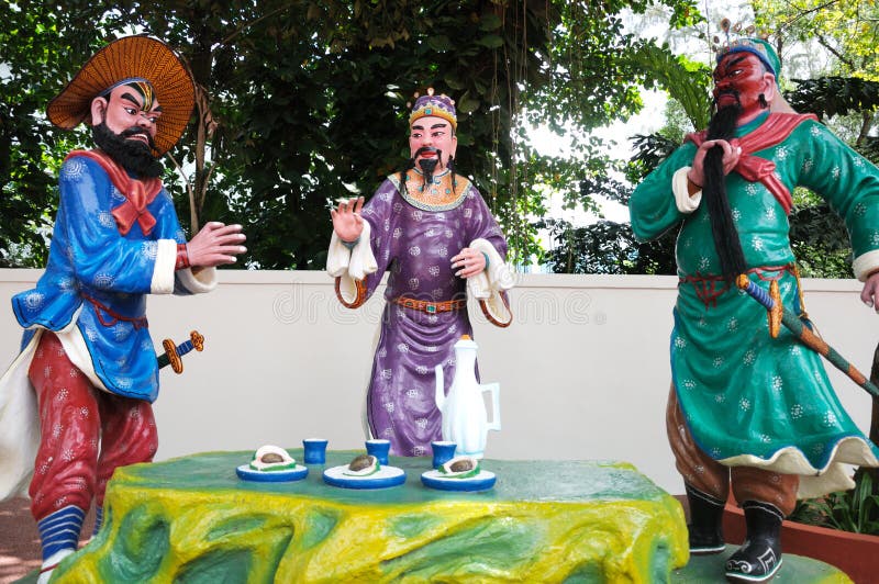 A photo taken on the tableaux of a scene from the Romance of the Three Kingdoms at Haw Par Villa in Singapore. Liu Bei, Guan Yu and Zhang Fei partake in a ceremony known as the “Oath of the Peach Garden” and became sworn brothers. A photo taken on the tableaux of a scene from the Romance of the Three Kingdoms at Haw Par Villa in Singapore. Liu Bei, Guan Yu and Zhang Fei partake in a ceremony known as the “Oath of the Peach Garden” and became sworn brothers.