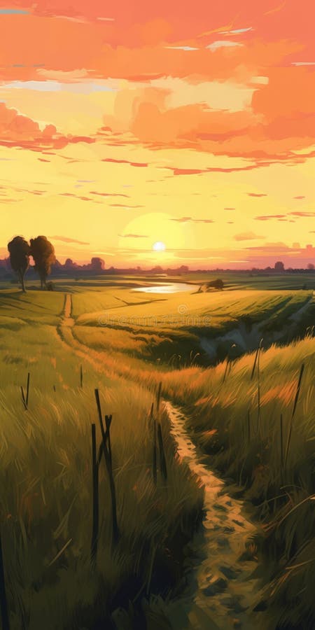 Romantic Anime-inspired Sunset Field Painting in 8k Resolution Stock  Illustration - Illustration of sunset, color: 283754086