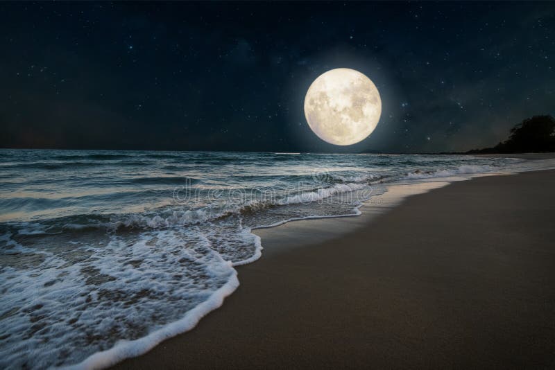 Beautiful nature fantasy - romantic beach and full moon with star. Retro style with vintage color tone. Summer season, honeymoon in night skies background concept