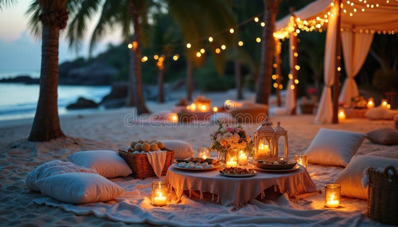 Romantic beach picnic setup for evening relaxation. Soft pillows, low tables, floral decor, snacks, and lanterns create an royalty free illustration