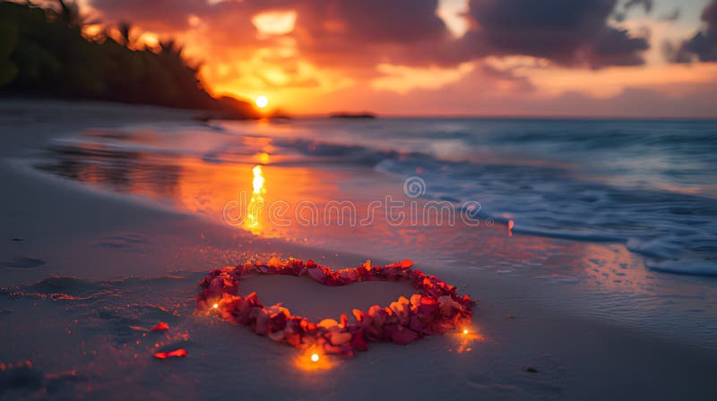 Romantic beach sunset heart floral arrangement stock illustration