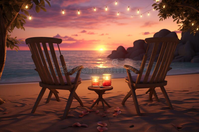 Romantic Beach Sunset Scenes for Valentines Day Stock Illustration