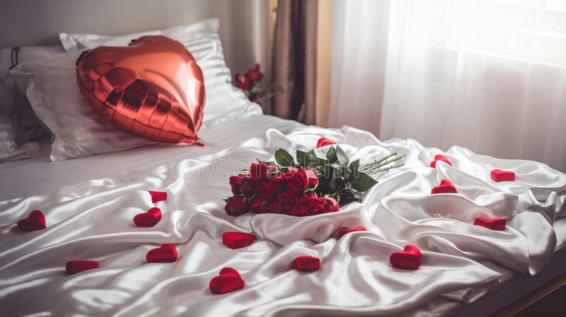 Romantic Bed-installation med Roses och Heart Balloon royaltyfri illustrationer