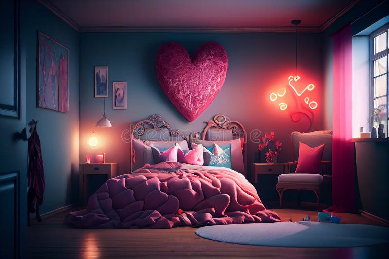 Romantic Bedroom Interior with Pink Bed and Red Heart.generative Ai ...