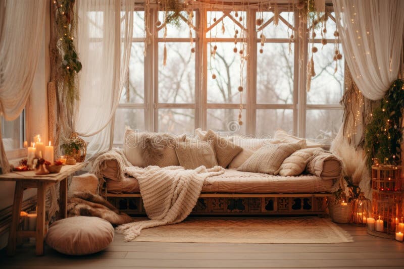 Romantic Boho winter room tent. Generate Ai royalty free stock image