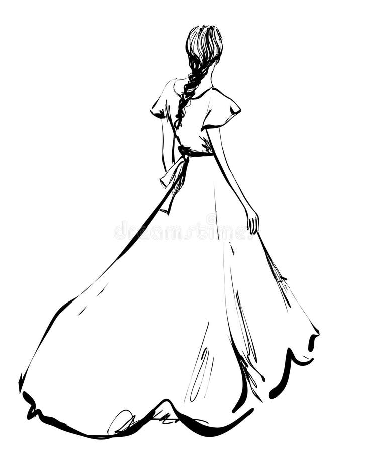 Romantic Braided Hairstyles. Girl in Long Dress. Monochrome Sketch ...