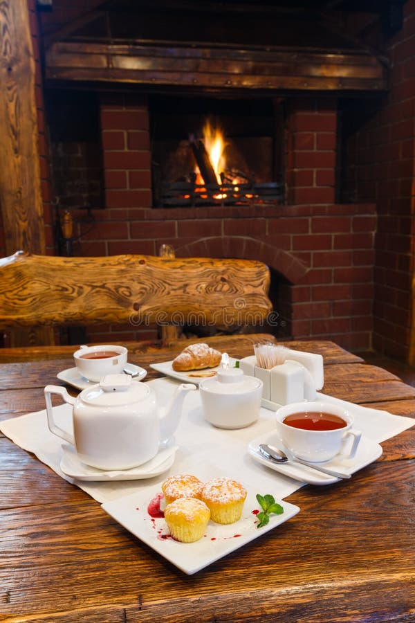 Romantic Breakfast for Two Near Fireplace Stock Photo Image of food