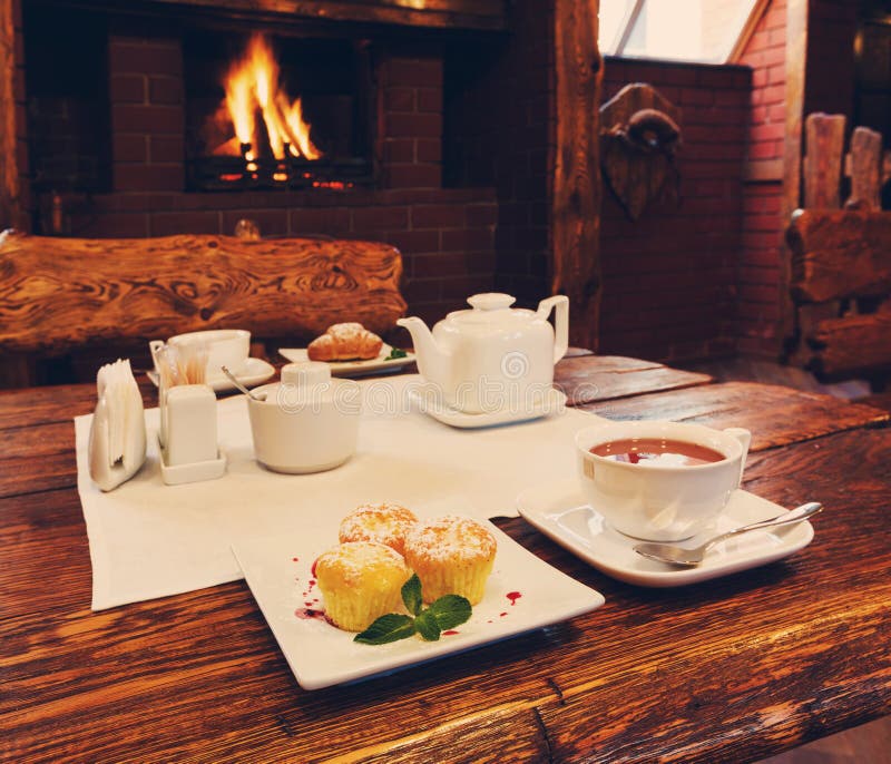 Romantic Breakfast for Two Near Fireplace Stock Photo Image of kettle