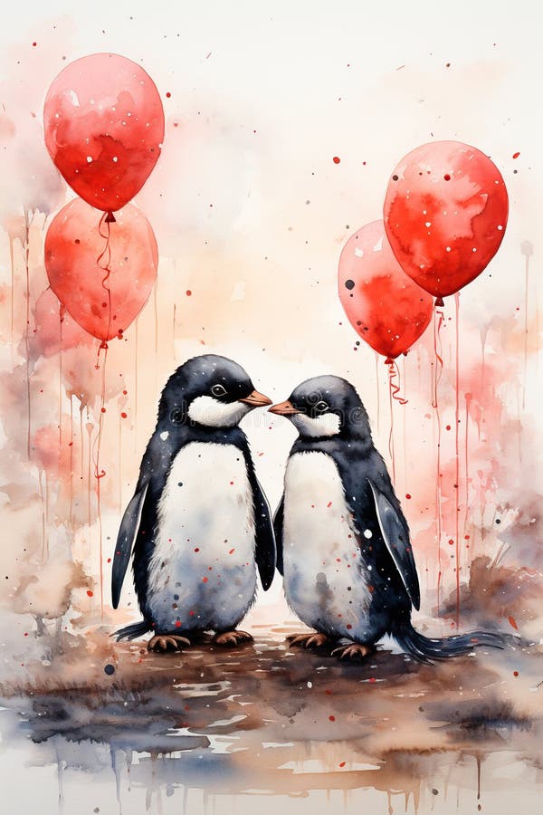 Romantic card with a pair of penguins for Valentine&x27;s Day. Delicate watercolor for wedding invitation. AI generation