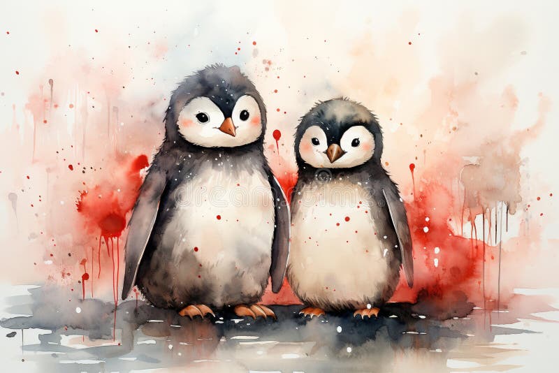 Romantic card with a pair of penguins for Valentine&x27;s Day. Delicate watercolor for wedding invitation. AI generation