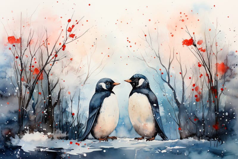 Romantic card with a pair of penguins for Valentine&x27;s Day. Delicate watercolor for wedding invitation. AI generation