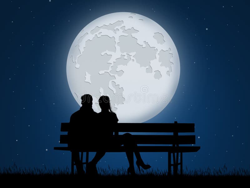 Romantic Couple on Bench in the Moonlight Stock Illustration - Illustration  of woman, couple: 109354035