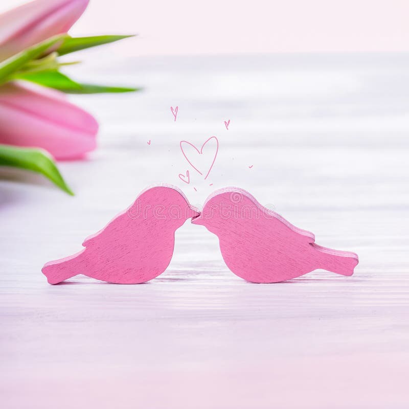 Love and Romance. Happy Valentine`s Day. Two Birds and Pink Tulips on a  Light Background. Free Space Stock Photo - Image of valentines, romance:  106717526