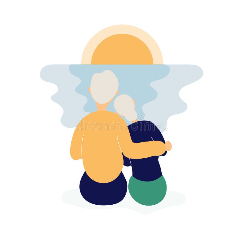 Couple of cute elderly people watching sunset vector illustration Couple of cute elderly people watching sunset vector illustration