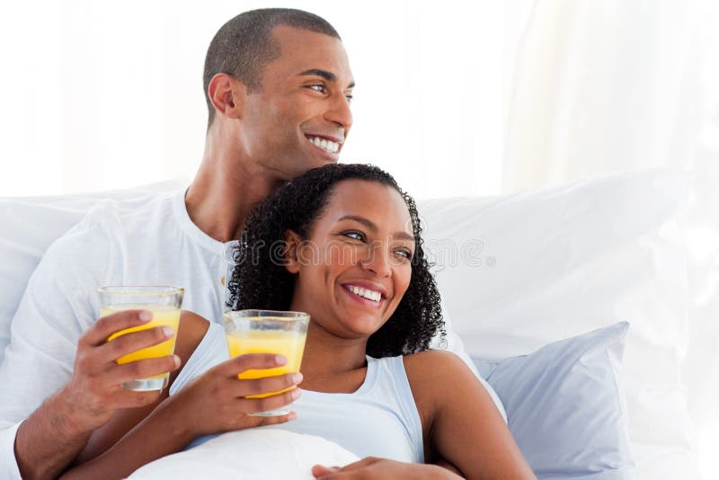 Young Couple Drinking Orange Juice Their Bed Stock Photos Free