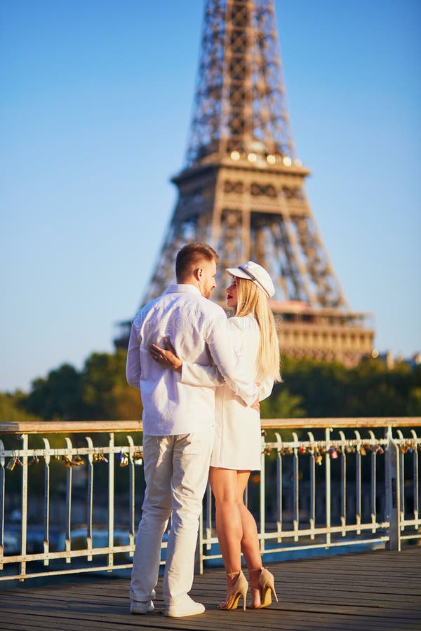 Romantic Couple Having a Date Near the Eiffel Tower Stock Photo Image