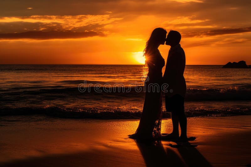 Romantic Couple Man And Woman Kissing At Vibrant Sunset Near The Ocean Extreme Closeup