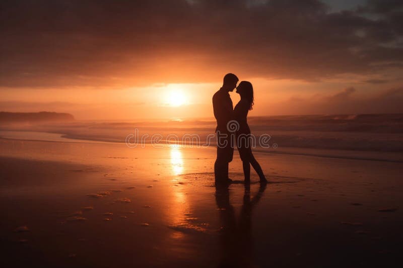 Romantic Couple Silhouette On The Beach At Sunrise Generative Ai Stock Illustration