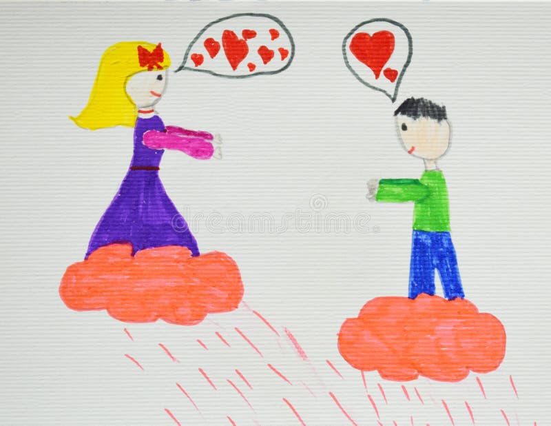 Romantic Couples Boy And Girl In Love Hugging Cuddling And Kissing Children S Drawing Hand Drawn Stock Image Image Of Marriage Love