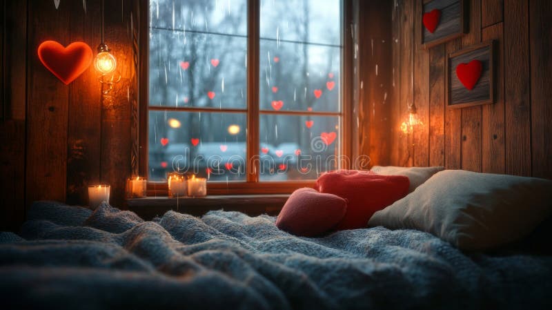 Cozy cabin bedroom bathed in warm candlelight with rain streaming down the window, soft hearts glowing in the storm-lit intimacy