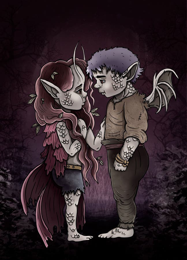 Romantic cute couple in full growth, fairytale trolls in love with pointed ears and scales, cartoon characters