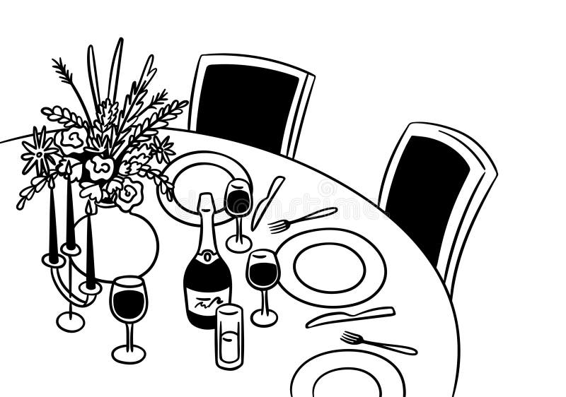 Romantic Dinner Black Thin Line Hand Drawn Doodle Style. Vector vector illustration