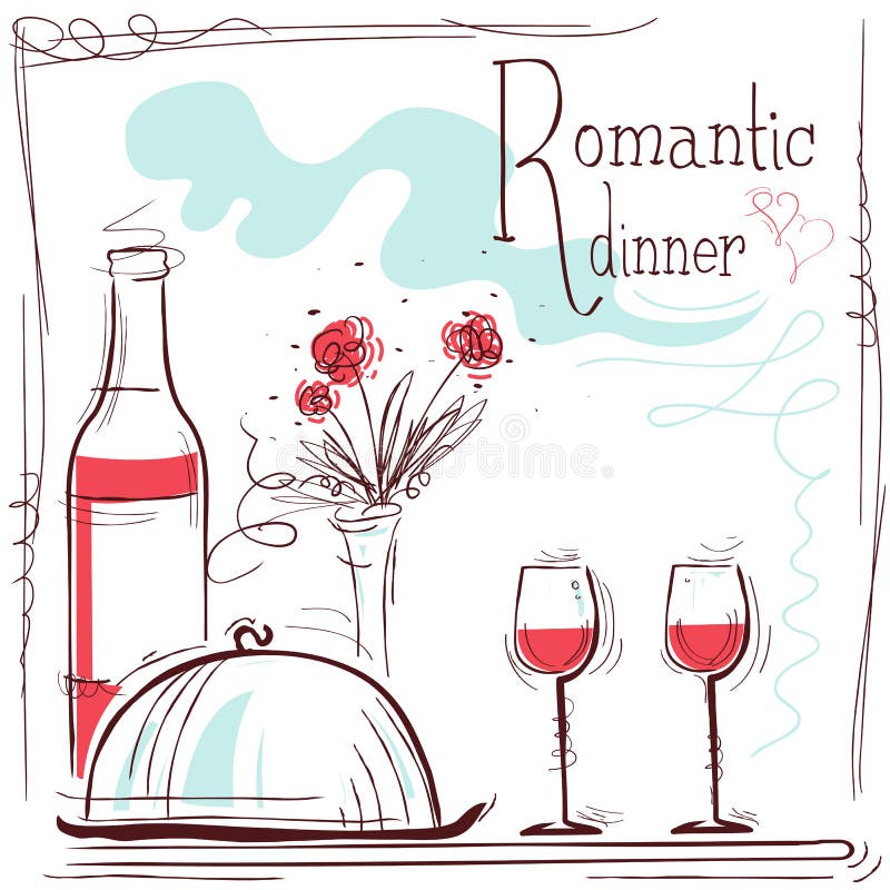 Romantic dinner card. Vector illustration with wine and food royalty free illustration