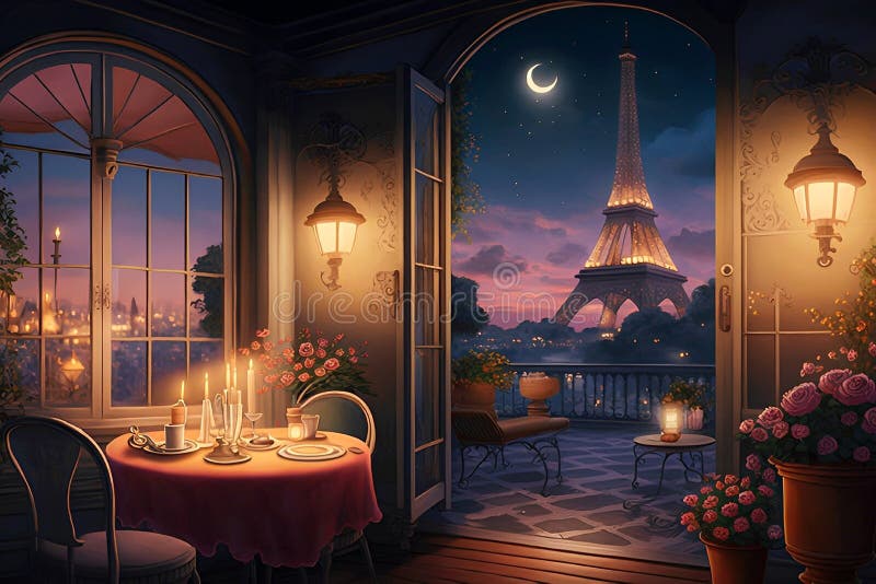 Romantic dinner love scene in Paris restaurant with a table for two, champagne glasses, moon and candles. Generative AI