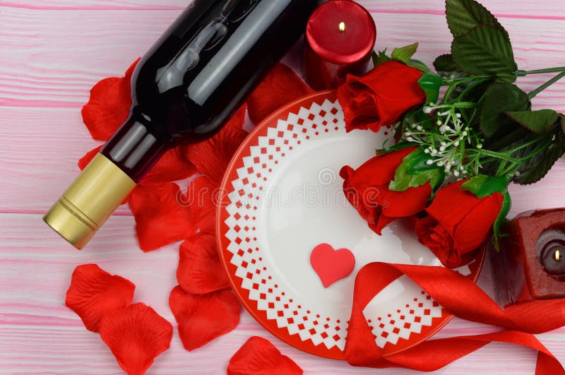 Romantic Dinner with Red Roses and Petals on the Table Stock Image Image of rose, holiday