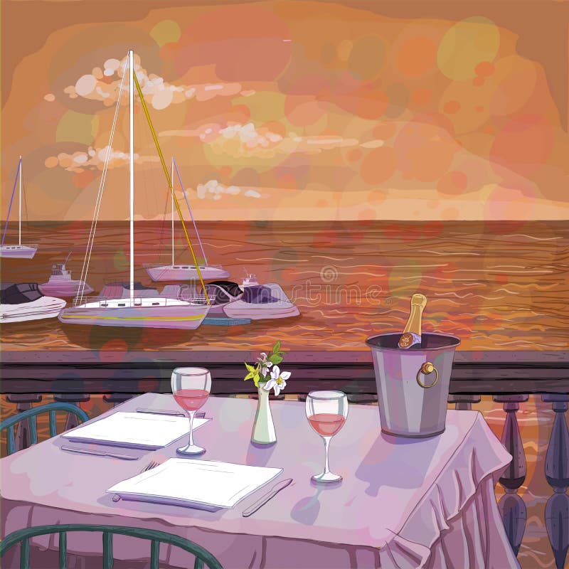 Romantic dinner on the sea beach with wine, illustration of a restaurant table