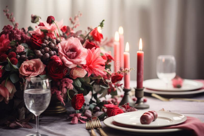 Romantic Dinner Setup. Table Setting with a Bouquet of Red and Pink