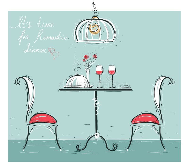 Romantic dinner sketchy color illustration on white. vector illustration