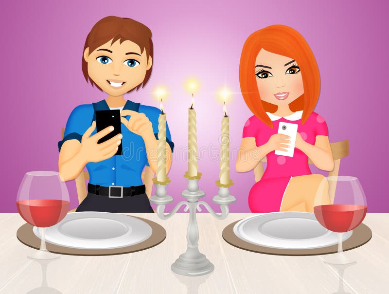 Romantic dinner with smartphone stock illustration