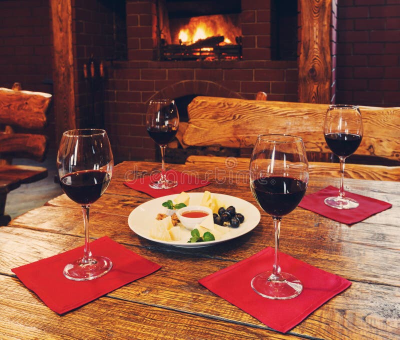 Romantic Dinner for Two Near Fireplace Stock Image - Image of nutrition